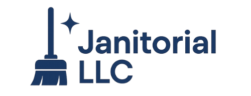 Logo for Janitorial LLC, featuring a broom and sparkle, navy blue text.