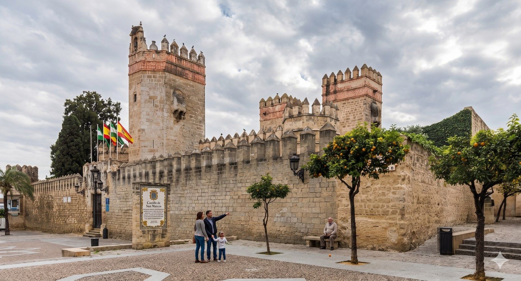 Fortaleza histórica de piedra con torres almenadas, banderas españolas y algunas personas en una plaza empedrada.