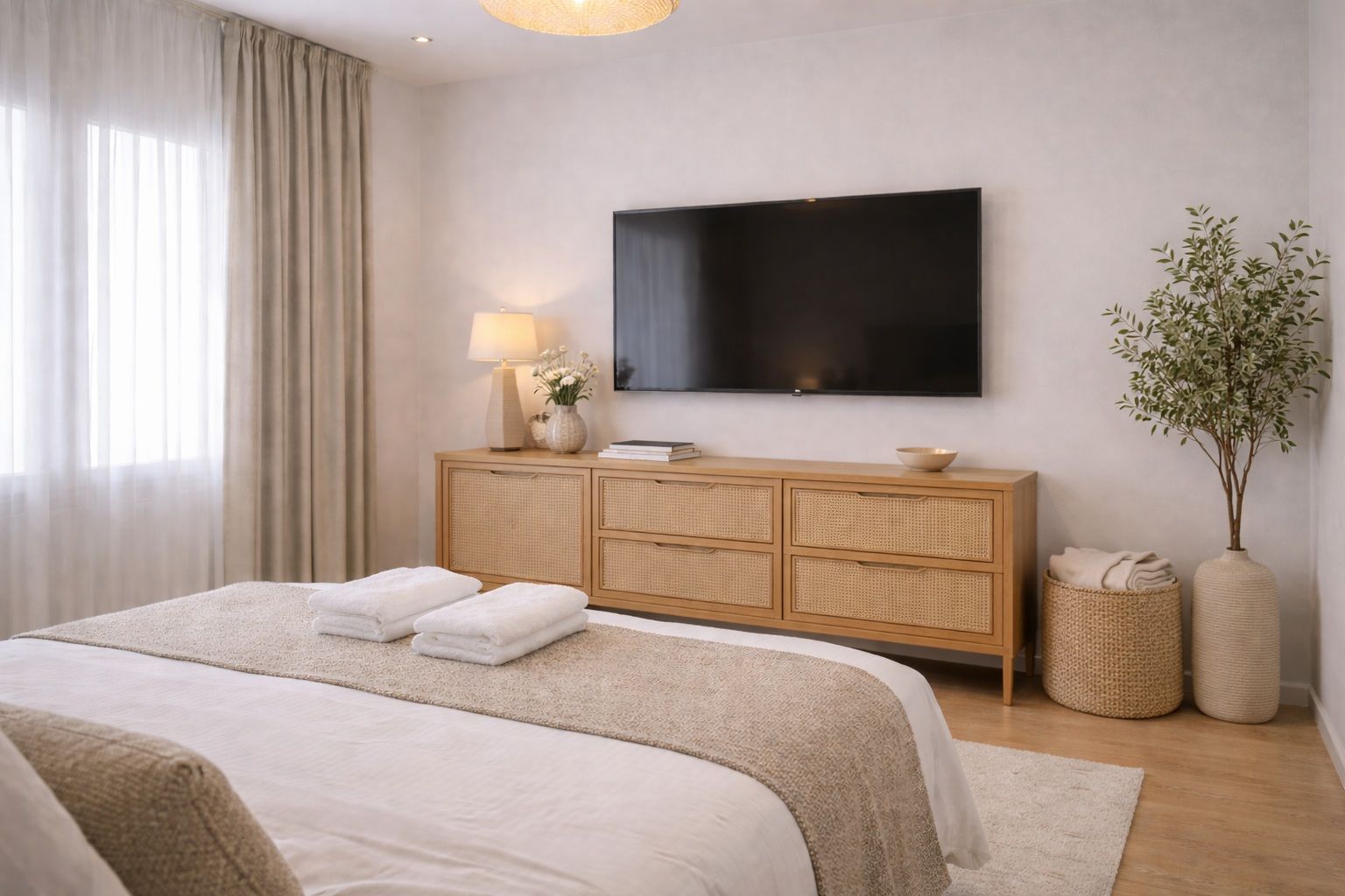 Habitación luminosa con cama, televisor montado en la pared, cómoda de madera, cortinas y cestas de mimbre.