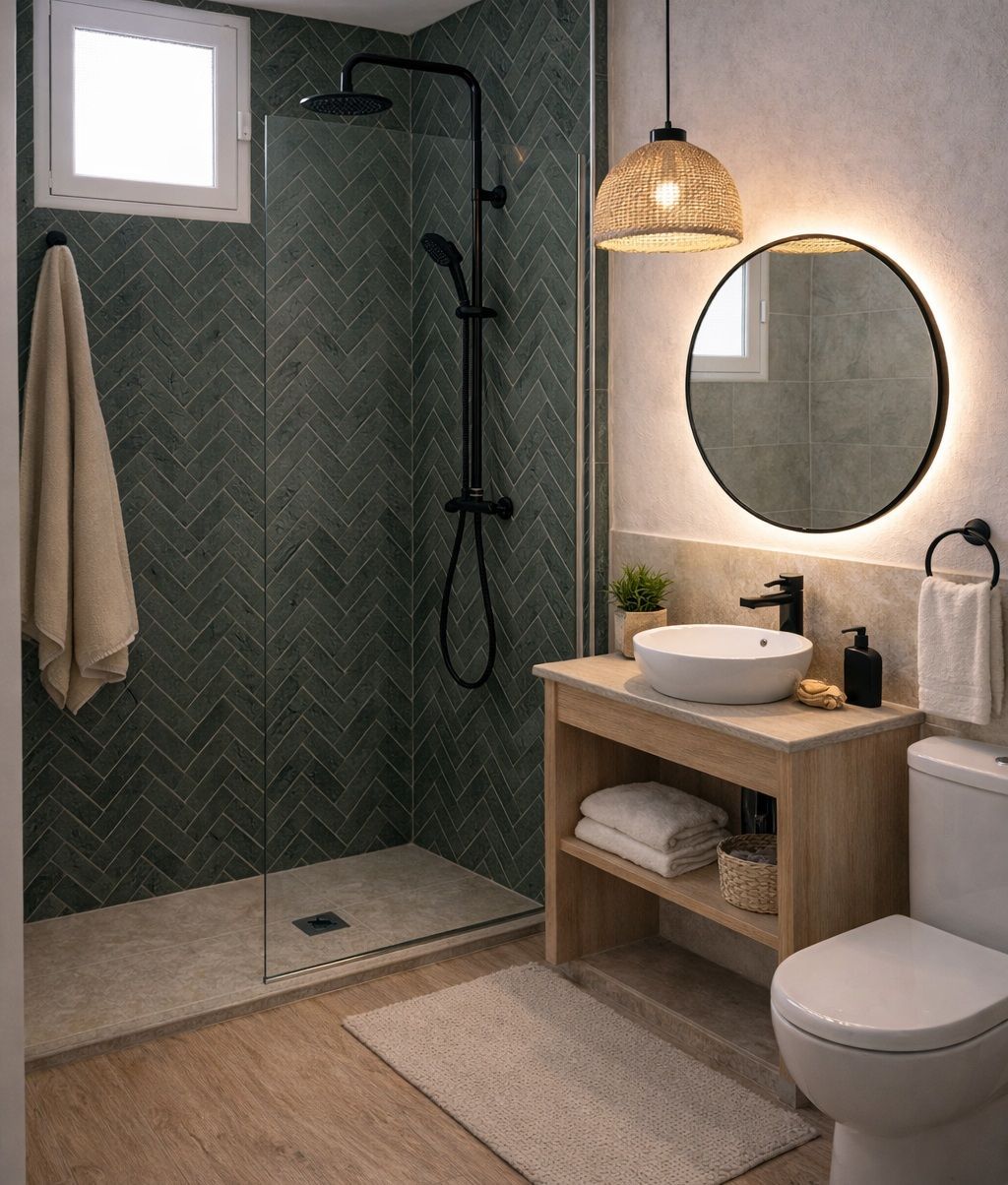 Baño moderno con ducha alicatada en verde, espejo redondo, lavabo de madera e inodoro.