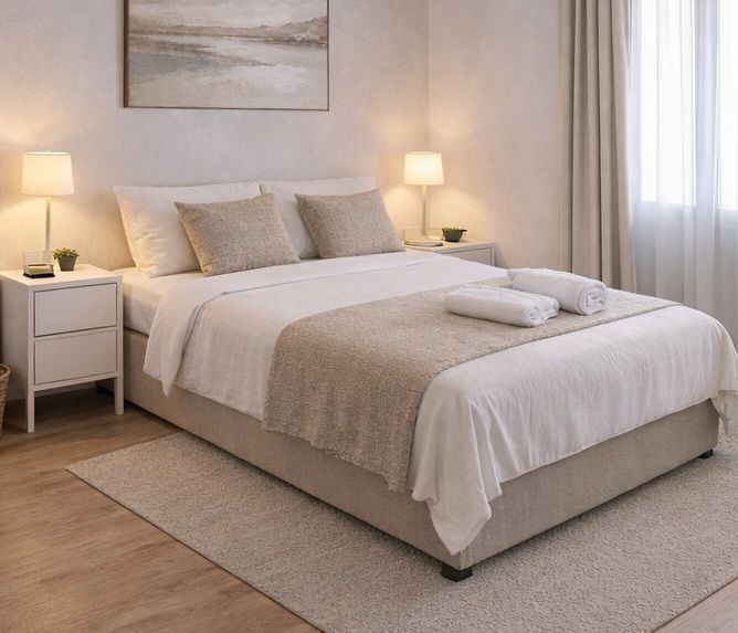 Habitación luminosa de color beige con una cama bien hecha, lámparas de noche y luz natural suave que entra por la ventana.