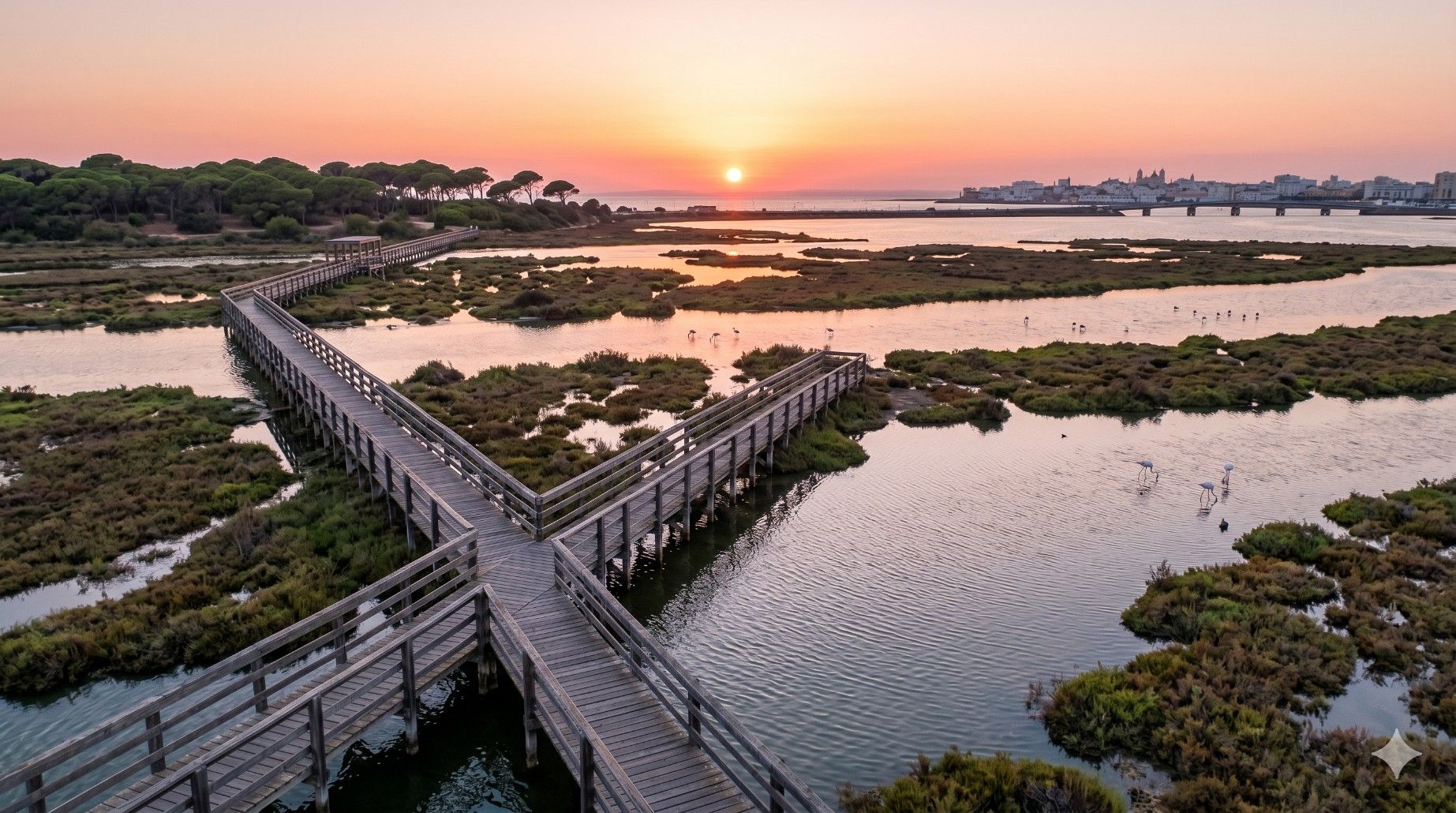 Pasarelas de madera sobre un humedal al atardecer, con aguas tranquilas y el perfil de la ciudad a lo lejos.