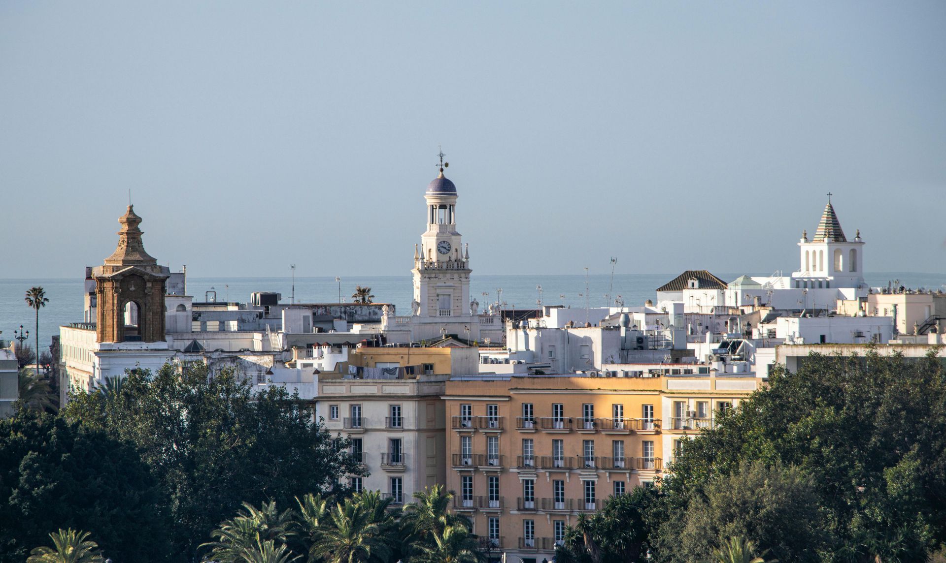 Horizonte urbano con edificios históricos blancos y beige y torres sobre árboles bajo un cielo despejado.