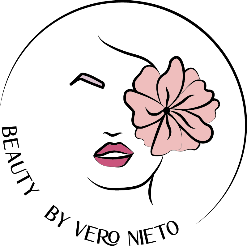 Logo for Beauty by Vero Nieto featuring a minimalist line drawing of a face with a pink flower over one eye.