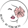 Logo for Beauty by Vero Nieto featuring a minimalist line drawing of a face with a pink flower over one eye.