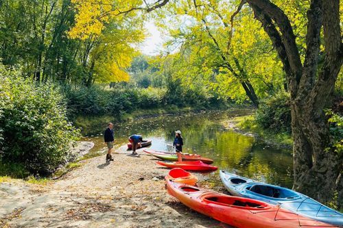 People unloading colorful kayaks by a calm river in a leafy, sunlit park