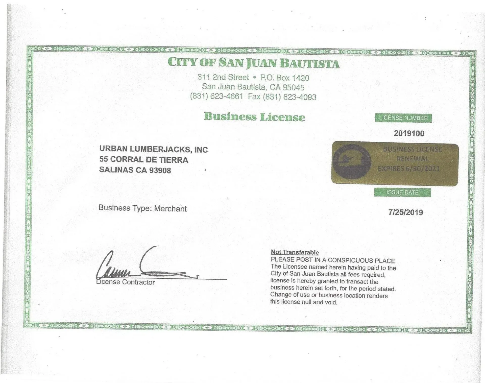 Business license from the City of San Juan Bautista for Jordan Lumberworks, Inc., with a gold sticker and signature.