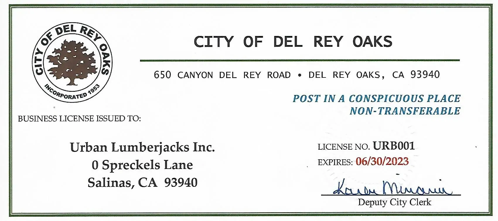 City of Del Rey Oaks document for Urban Lumberjacks Inc. Includes address, license info (URB001), and Deputy City Clerk signature.
