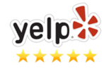 Yelp logo with four gold stars, indicating a high rating.