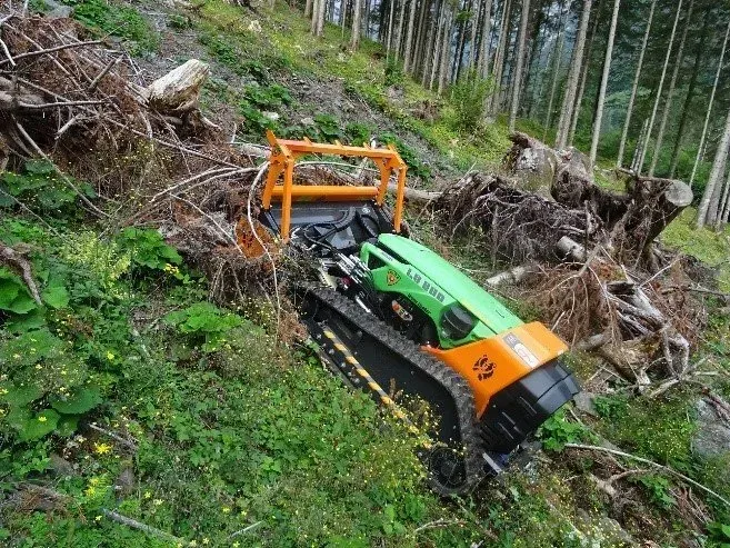 Orange and green tracked mower on a steep, grassy slope in a forest.