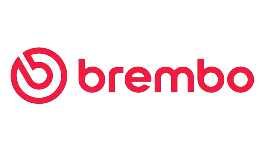 Logotipo rojo de Brembo con un icono circular estilizado sobre un fondo blanco