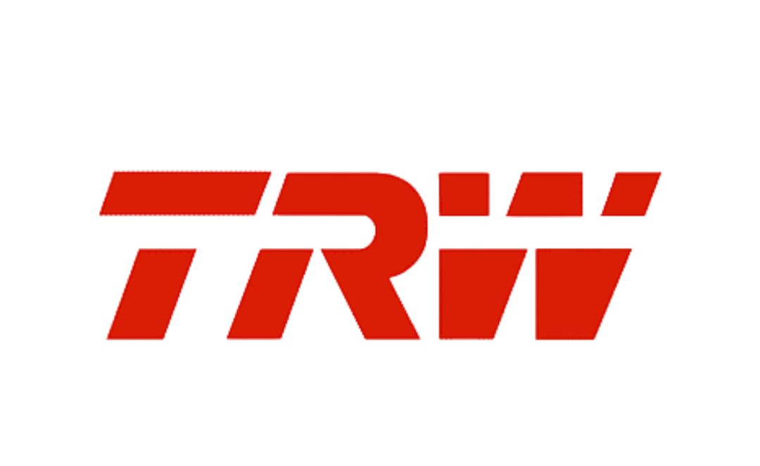 Logotipo rojo de TRW sobre fondo blanco