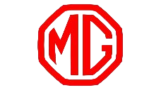 Logotipo rojo de MG dentro de un contorno octagonal sobre un fondo blanco