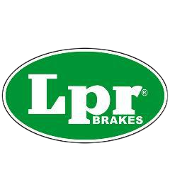 Logotipo de Lpr Brakes en texto blanco sobre un óvalo verde con un contorno plateado