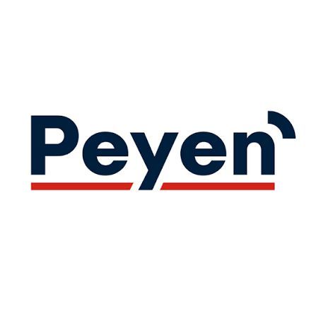 Logotipo de Peyen en azul oscuro con acentos de líneas rojas sobre fondo blanco