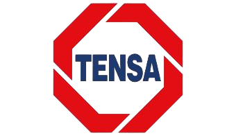 Logotipo de Tensa: texto azul «TENSA» dentro de un borde octagonal rojo sobre fondo blanco