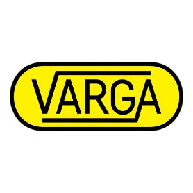 Logotipo ovalado amarillo con contorno negro y la palabra «VARGA» en negro.