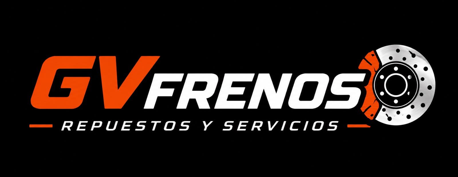 Logotipo de GV Frenos en naranja, blanco y negro con icono de disco de freno y texto “Repuestos y Servicios”