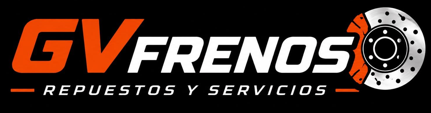 Logotipo de GV Frenos en naranja, blanco y negro con icono de disco de freno y texto “Repuestos y Servicios”