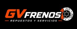Logotipo de GV Frenos con texto naranja y blanco y un gráfico de un disco de freno sobre un fondo negro.