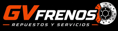 Logotipo de GV Frenos en naranja, blanco y negro con icono de disco de freno y texto “Repuestos y Servicios”
