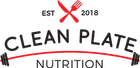 Logo of "Clean Plate Nutrition," with crossed fork and knife, barbell on curved line, and "EST 2018."