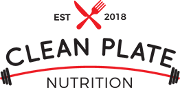 Logo of "Clean Plate Nutrition," with crossed fork and knife, barbell on curved line, and "EST 2018."