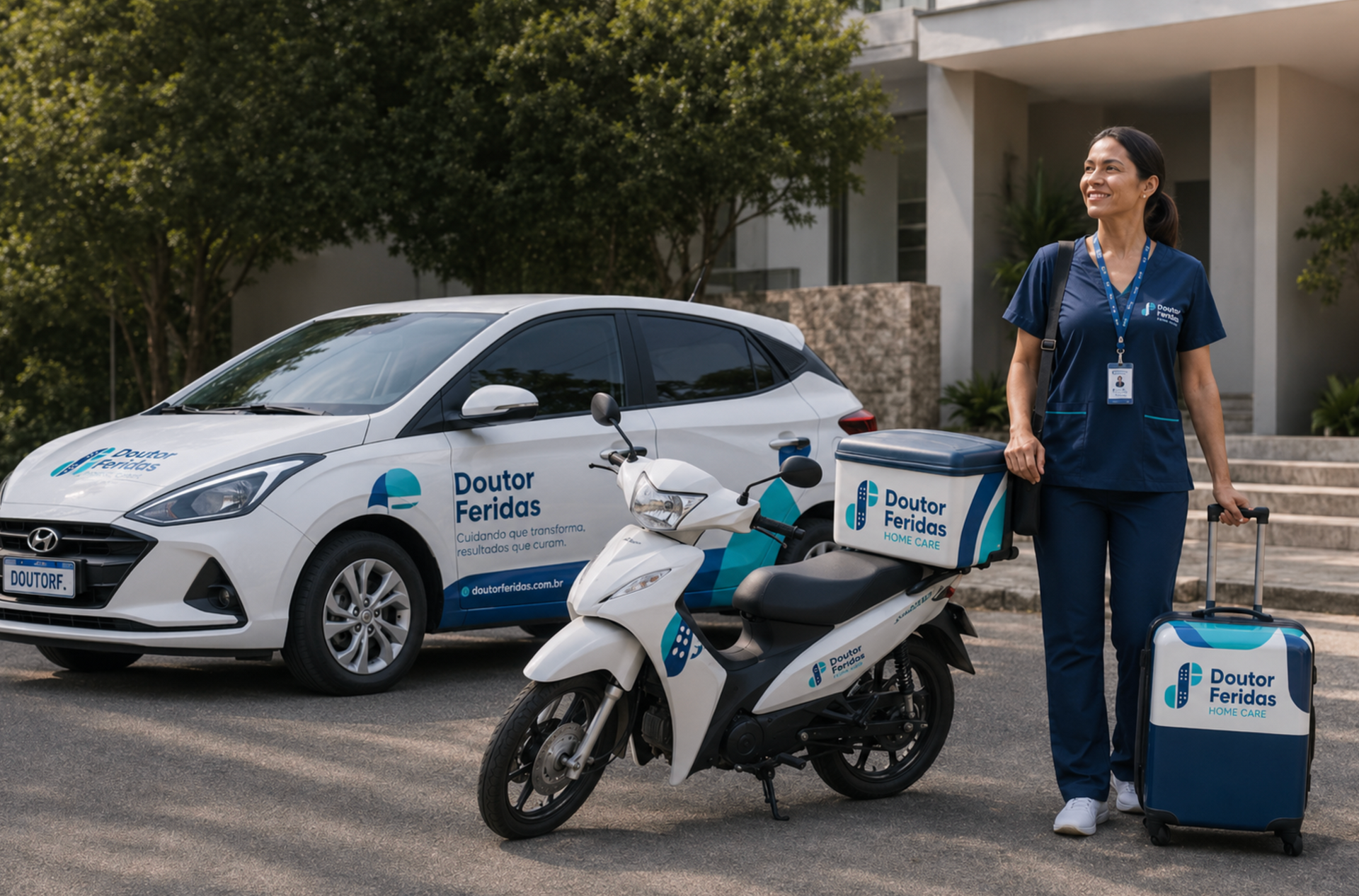 Entregador ao lado de uma scooter branca e um carro, carregando uma bolsa térmica azul em frente a um prédio.