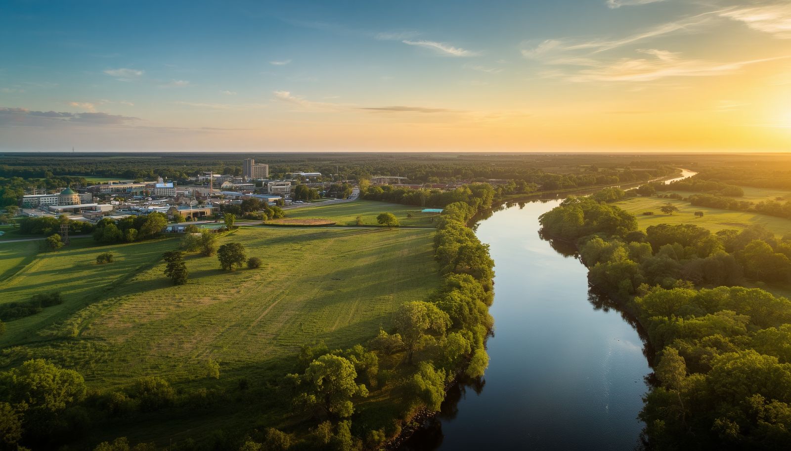 Moving to Navasota TX with an aerial view of downtown, the Brazos River, and the surrounding country