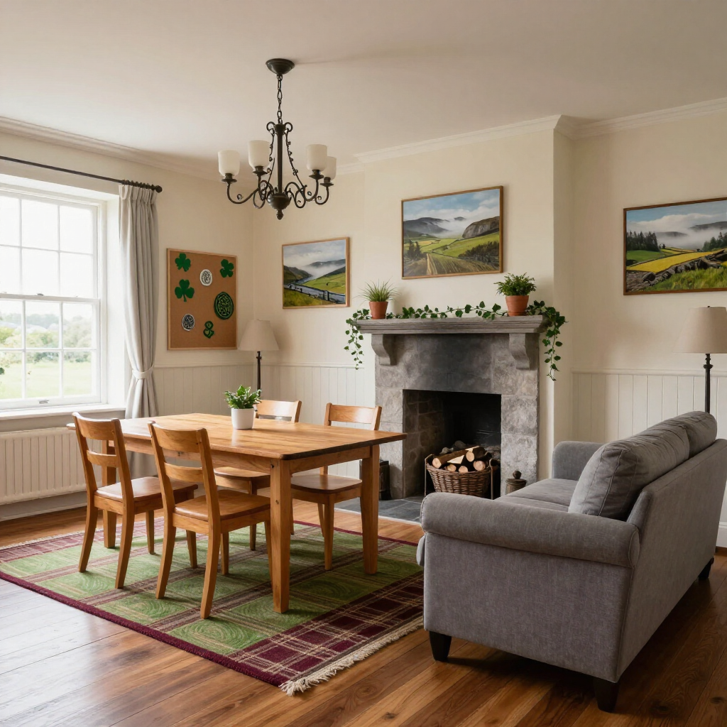 Cozy dining and living room with wooden table, gray sofa, fireplace, green rug, and wall art