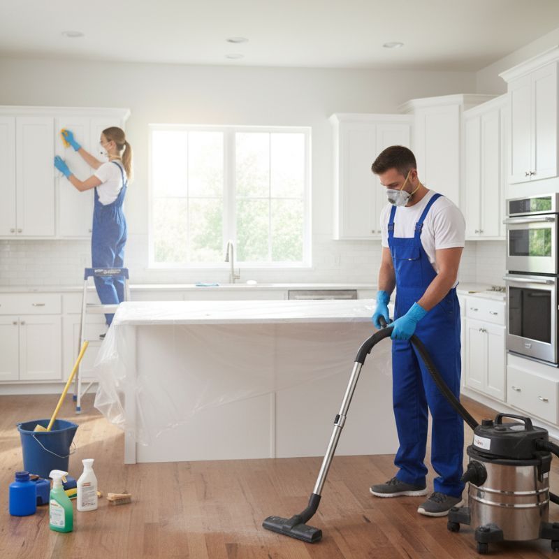 Two people cleaning a bright white kitchen. One vacuums, the other on a ladder wipes cabinets.