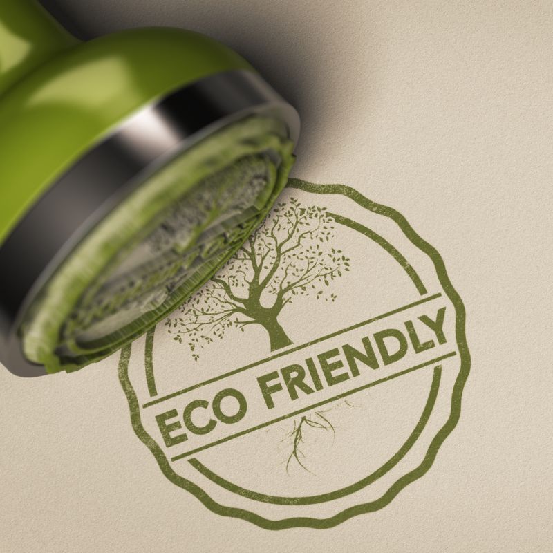 Green stamp with tree icon and “ECO FRIENDLY” text on beige background