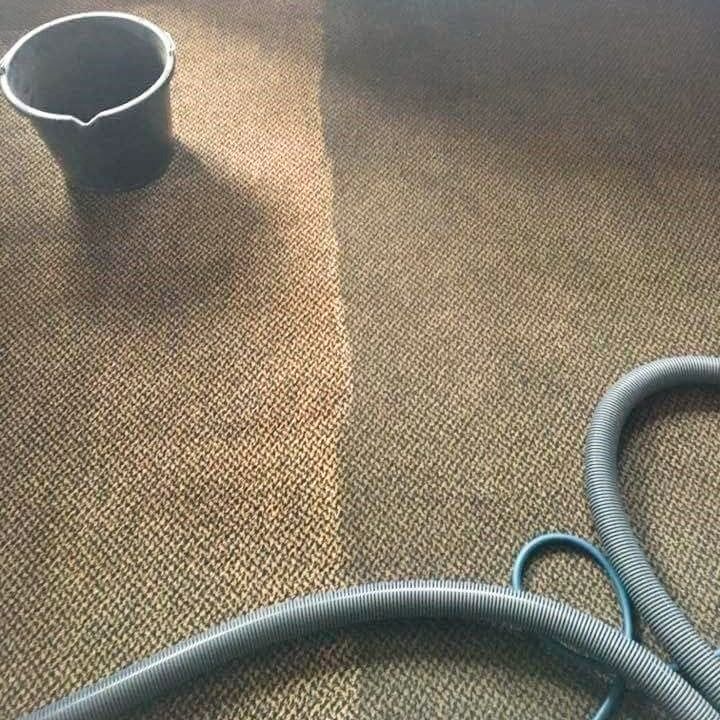 A hose is sitting on top of a carpet next to a bucket.