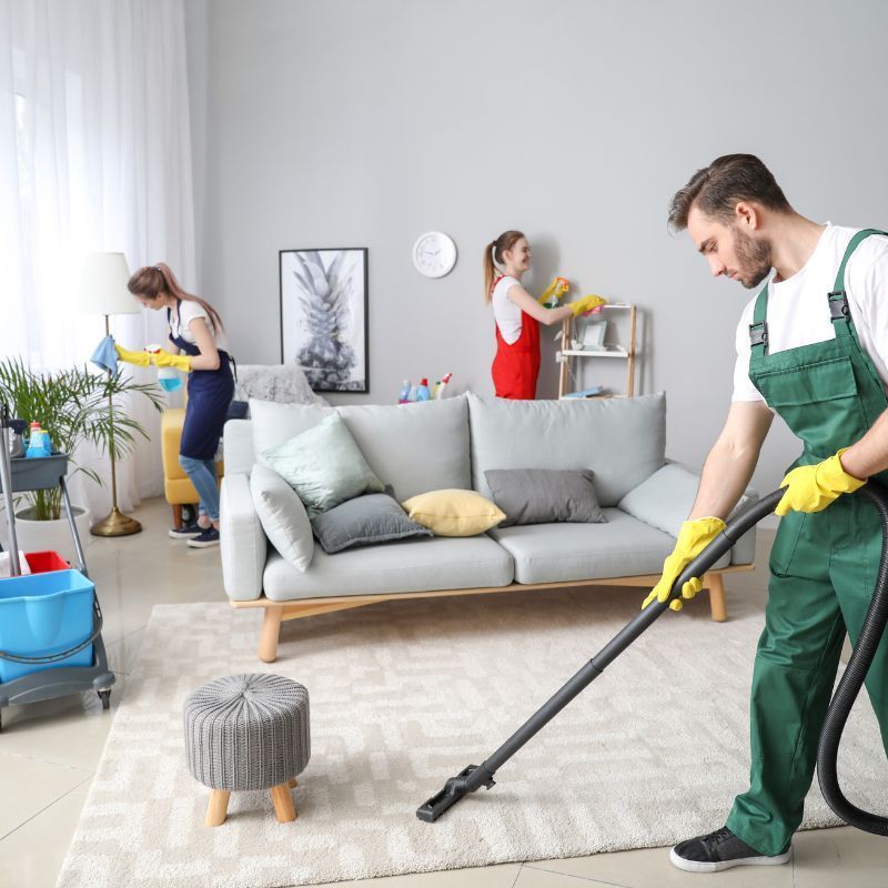 Three people cleaning a living room: one vacuums, two dust furniture.