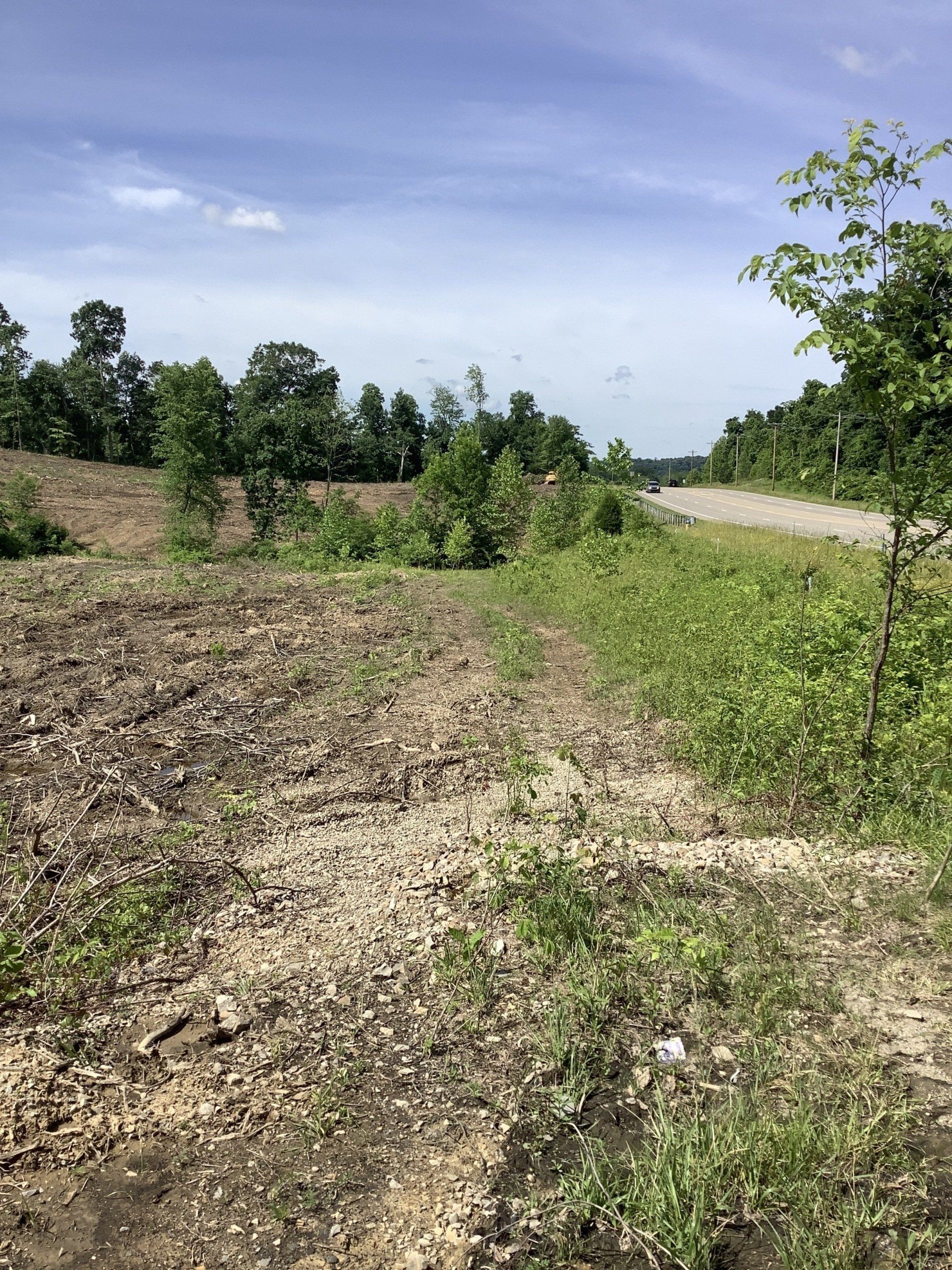 Dirt path leading to a road, flanked by sparse vegetation and trees under a blue sky.