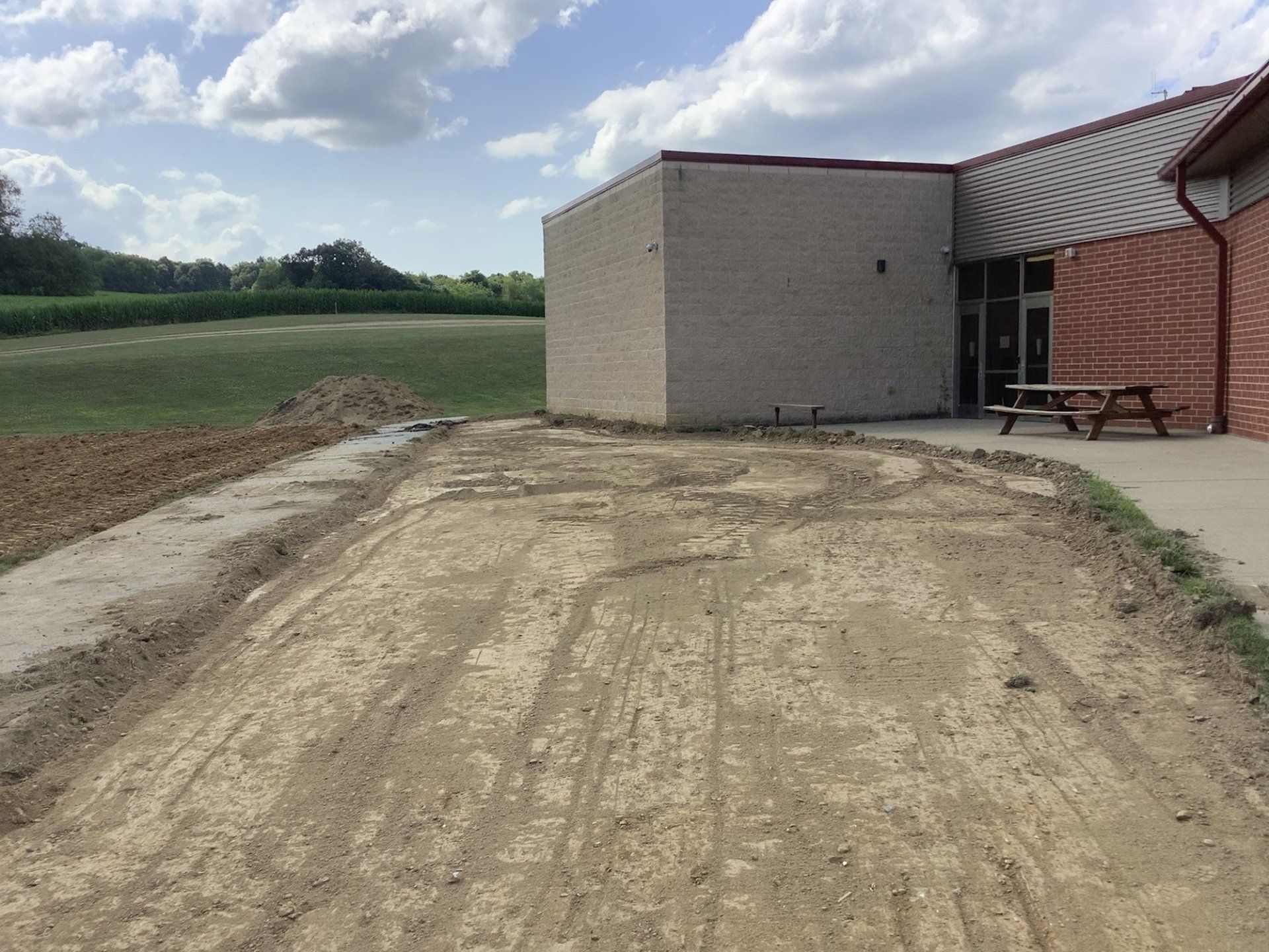 Shrock Excavating preparing a grassy field and building site. Graded dirt for landscaping and drainage.