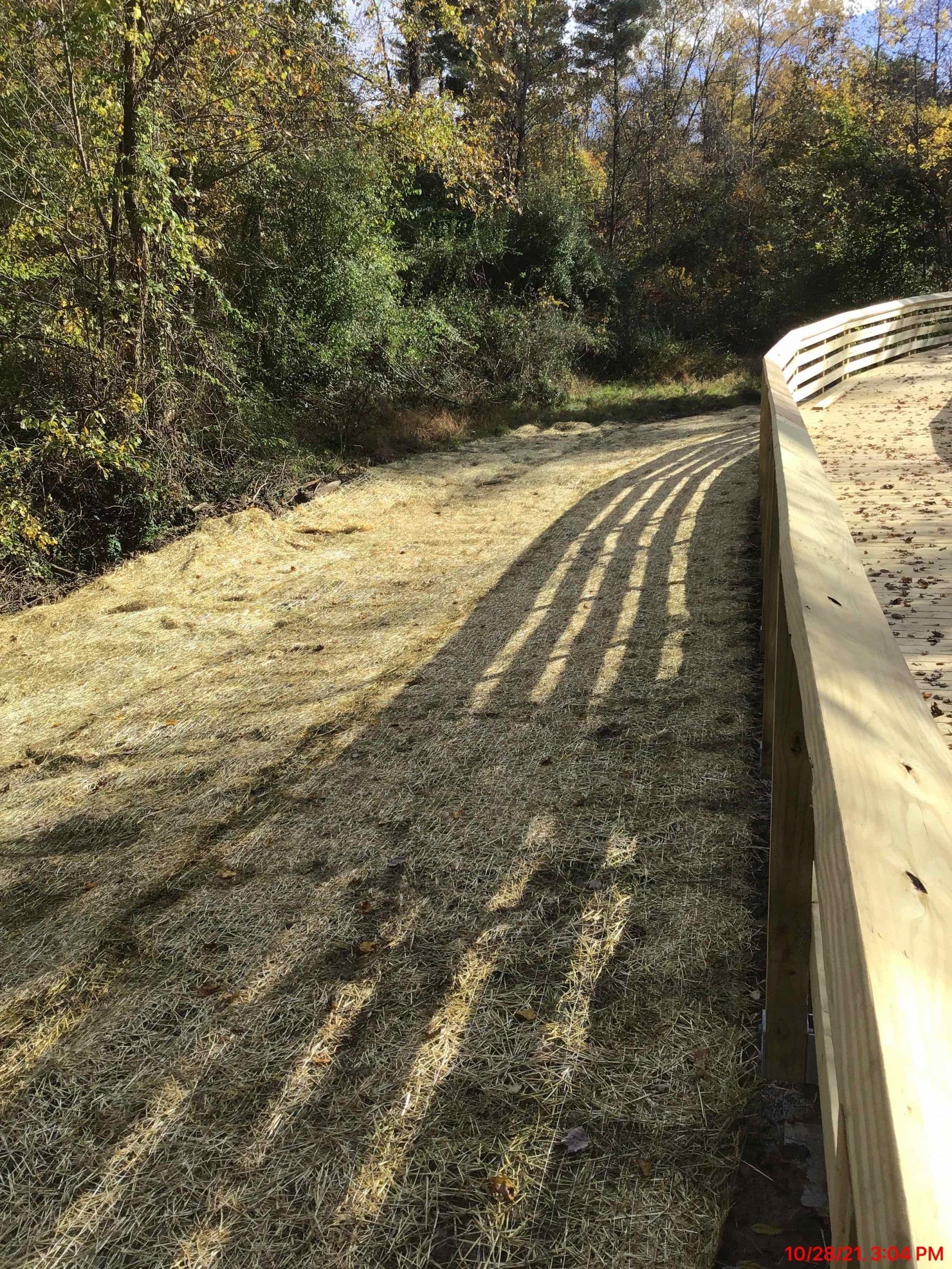 Gravel path curving to the right, next to a wooden fence. Sun casts striped shadows. Trees in the background.