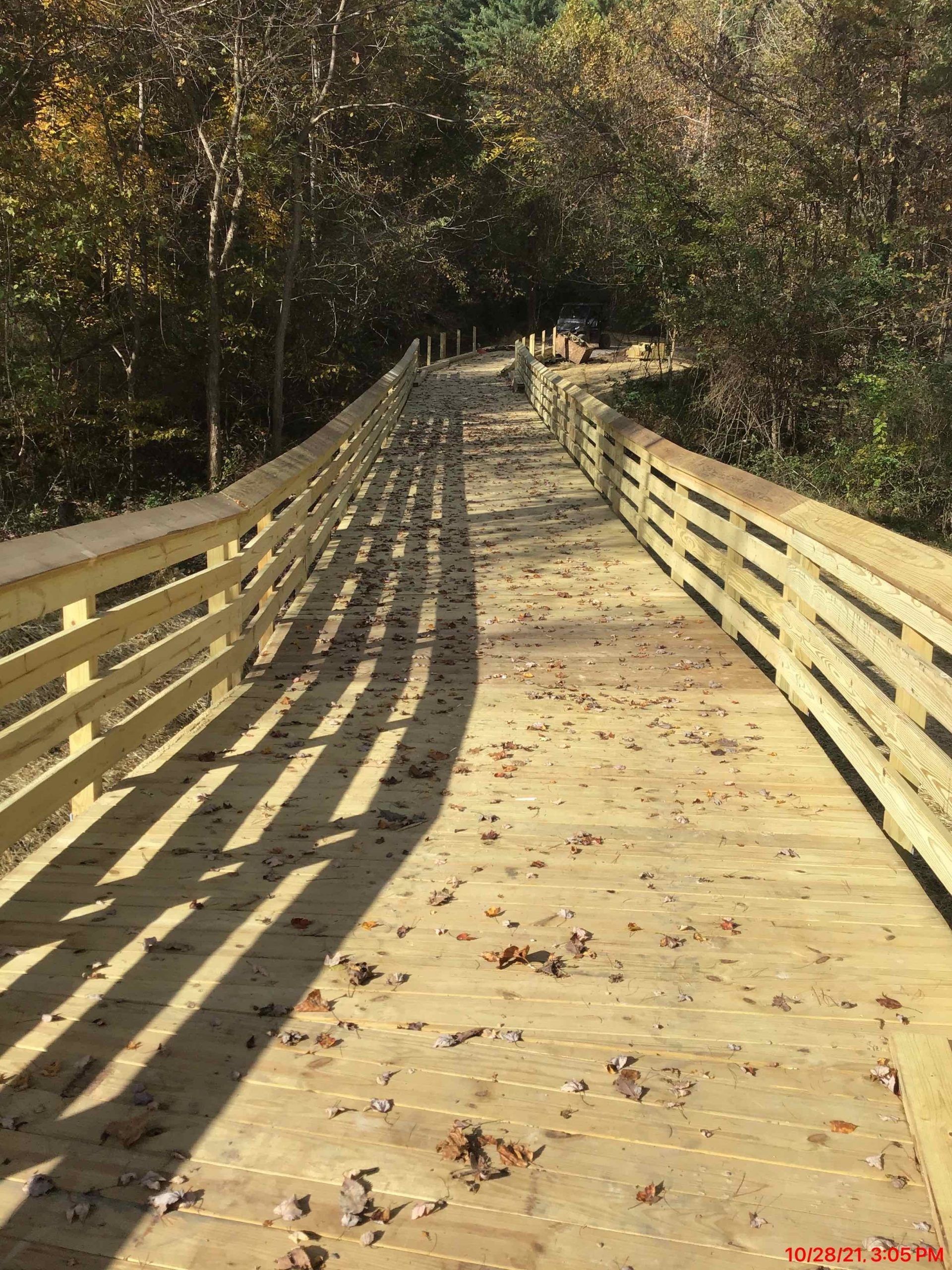 Wooden boardwalk with railings through a forest, scattered leaves on the walkway.
