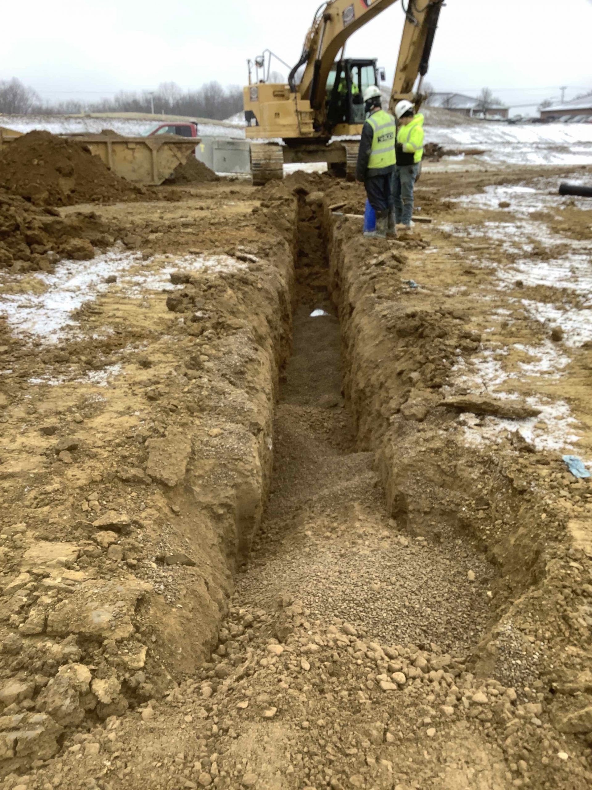 Excavation site with a long trench, an excavator, and two workers in vests. Cloudy day.