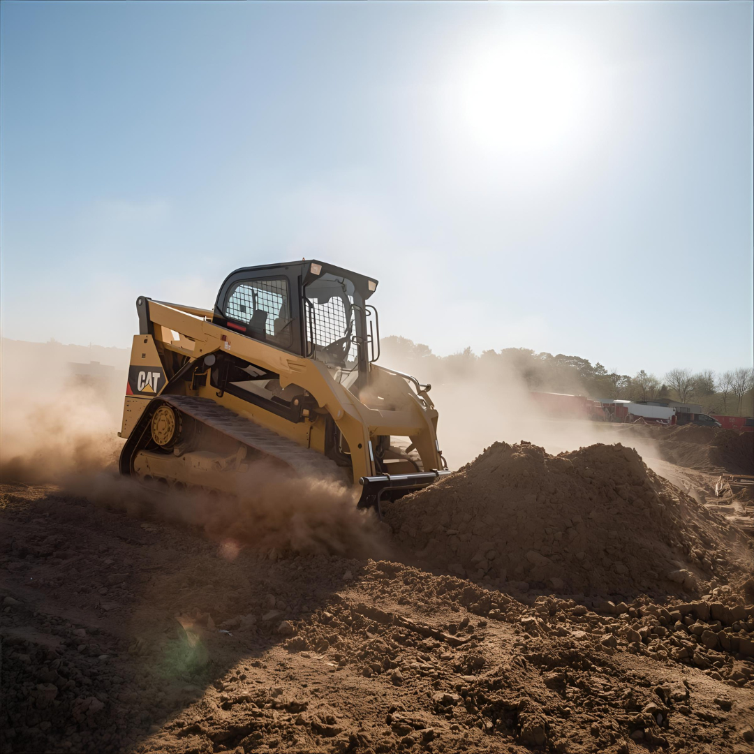 Yellow Caterpillar skid steer pushing dirt on a sunny day.