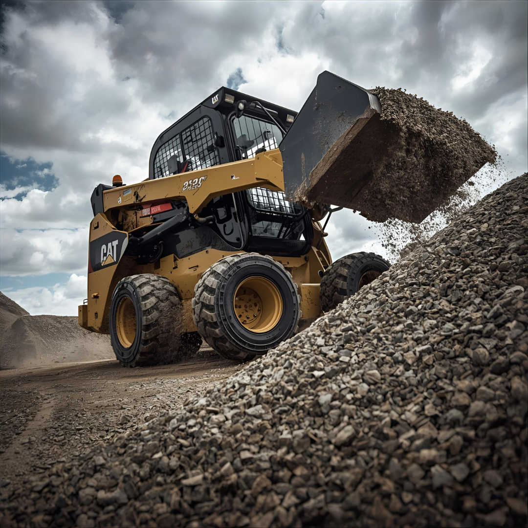Yellow Caterpillar skid steer dumping gravel onto a large pile under a cloudy sky.