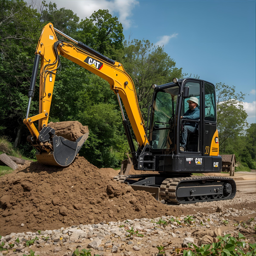 Yellow Caterpillar excavator digging dirt on a construction site.