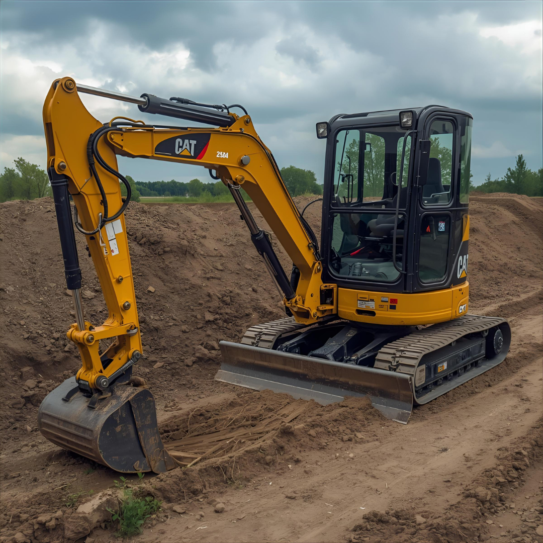 Yellow Caterpillar mini excavator on dirt.