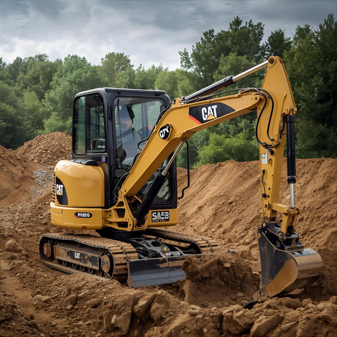Yellow Caterpillar mini excavator digging in dirt.