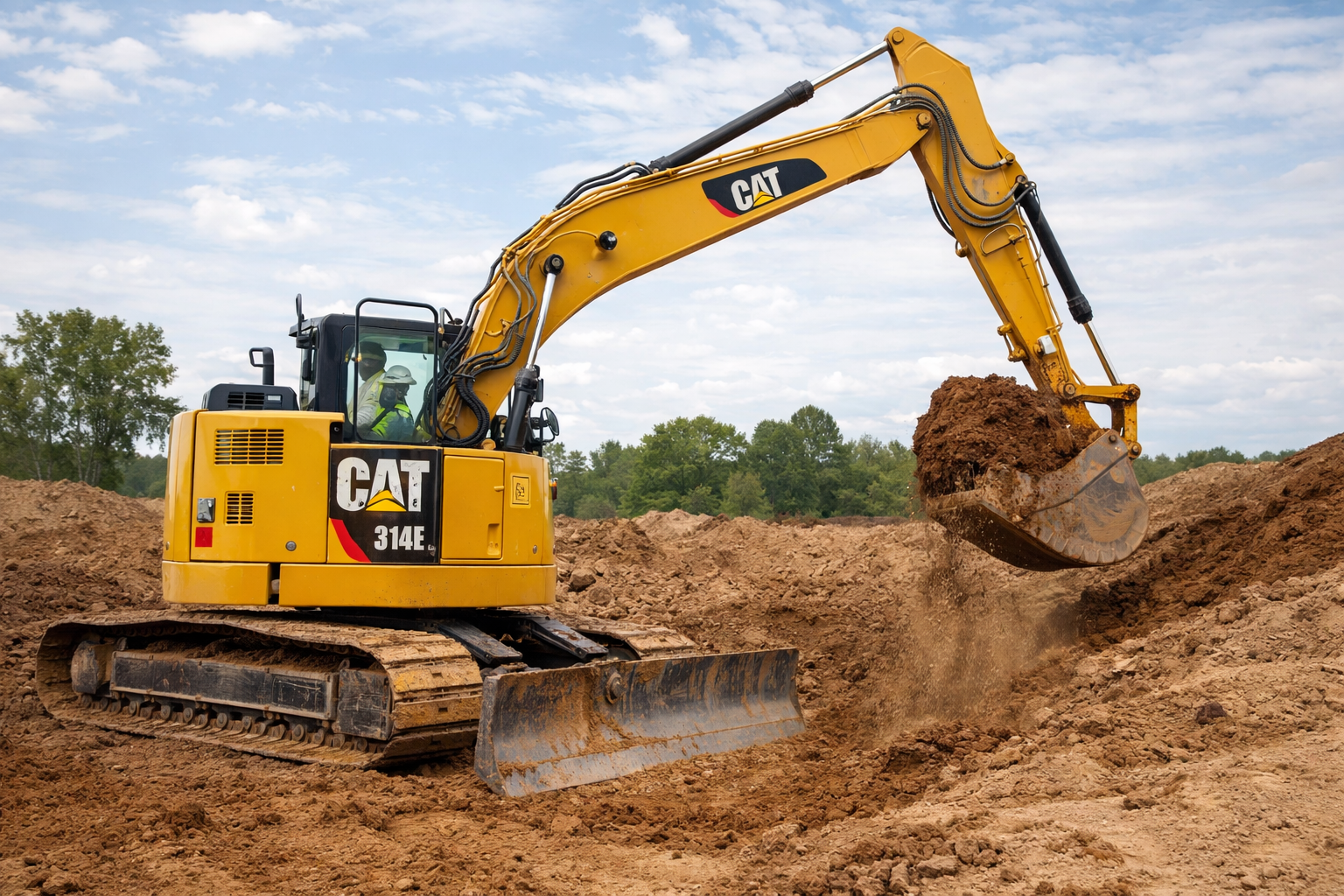 Yellow Caterpillar excavator digging a trench in brown soil under a partly cloudy sky. Trees in the background. 
