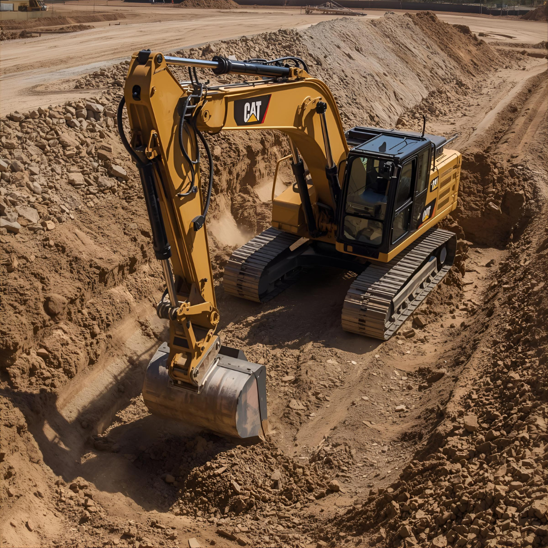 Yellow Caterpillar excavator digging a trench in a dirt construction site.