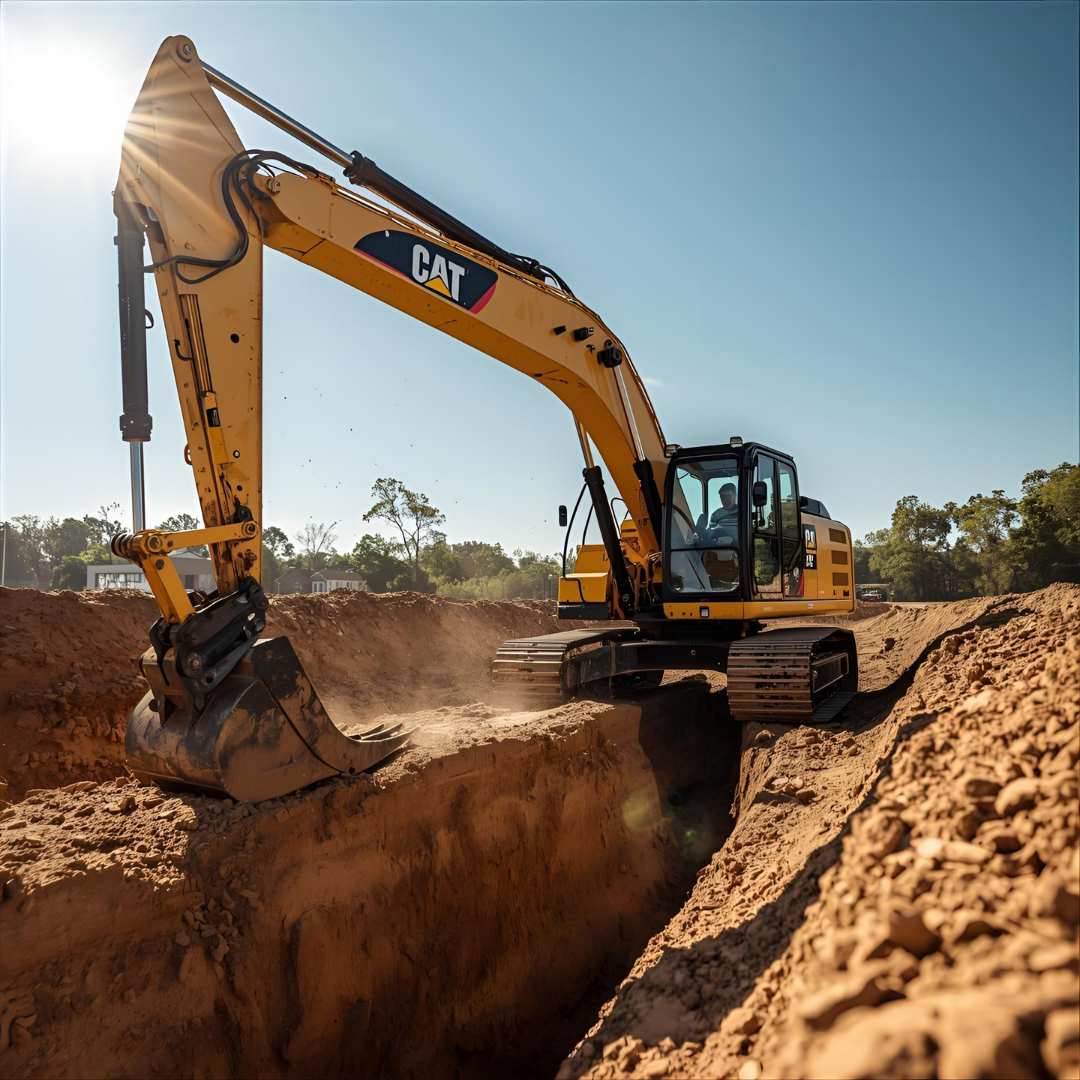 Yellow Caterpillar excavator digging a trench in dirt, sunny day.