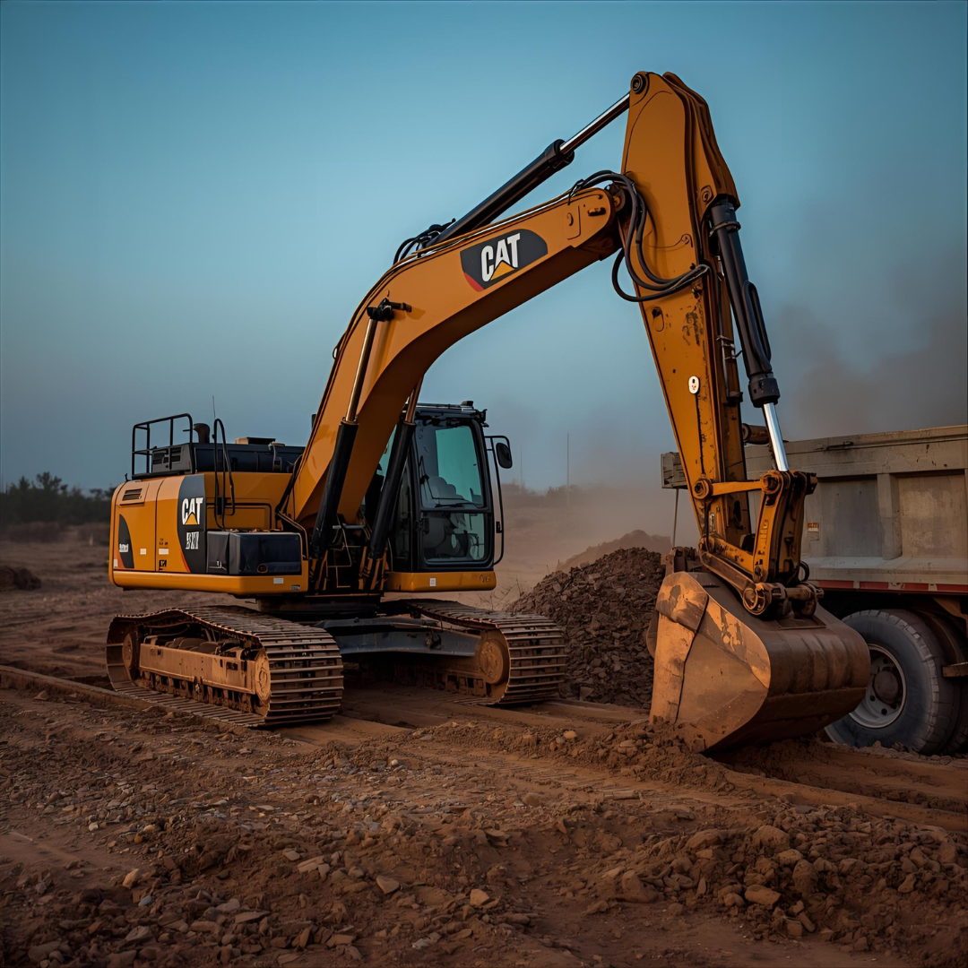 Yellow Caterpillar excavator digging earth.