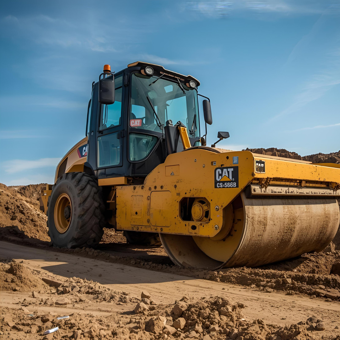 Yellow Caterpillar compactor rolling on brown earth under a blue sky.
