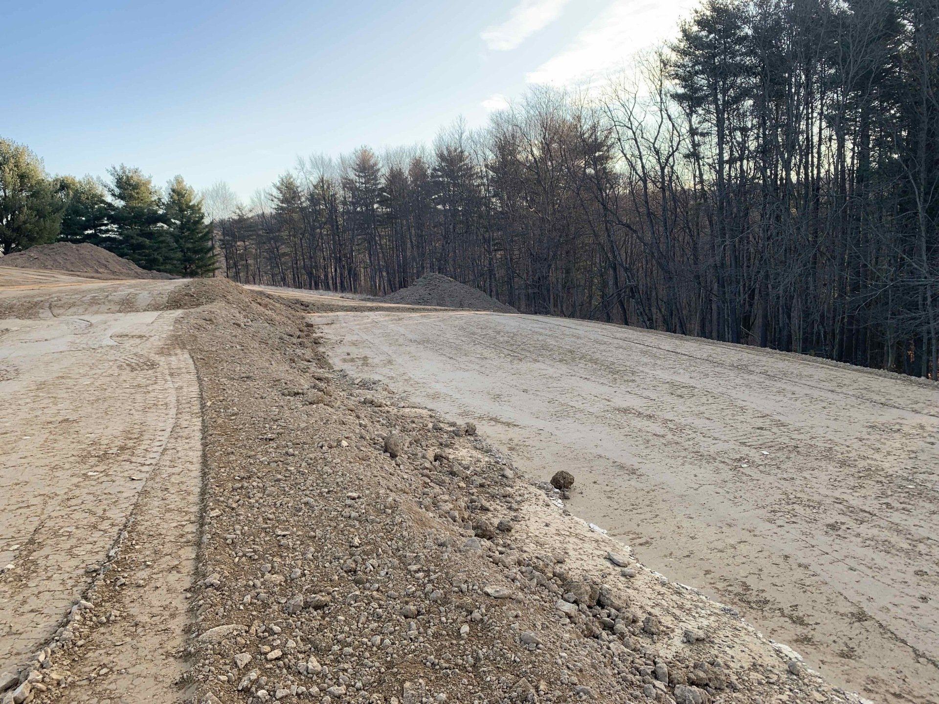 Dirt piles in a cleared area next to a line of trees on a sunny day.